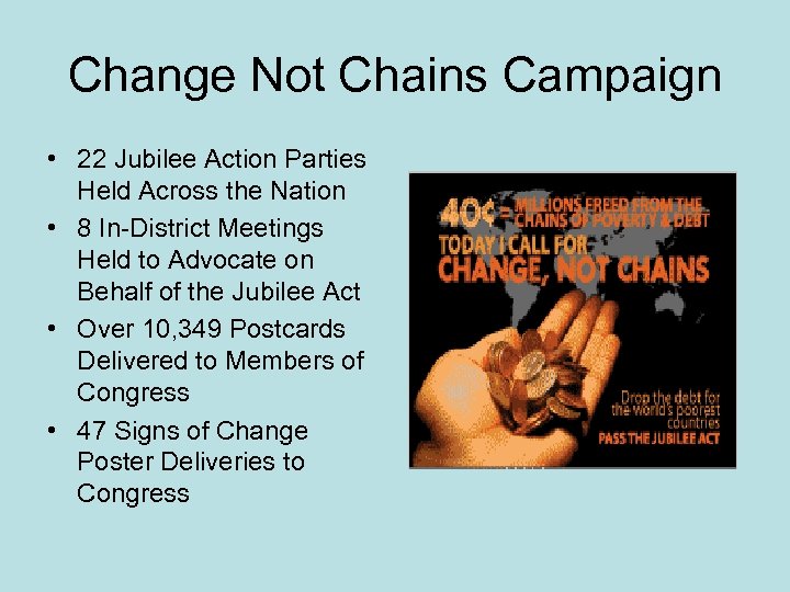 Change Not Chains Campaign • 22 Jubilee Action Parties Held Across the Nation •