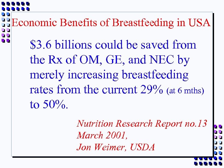 Economic Benefits of Breastfeeding in USA $3. 6 billions could be saved from the