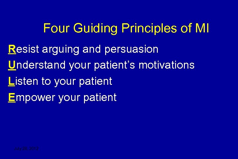 Four Guiding Principles of MI Resist arguing and persuasion Understand your patient’s motivations Listen