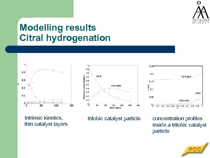 Modelling results Citral hydrogenation Intrinsic kinetics, thin catalyst layers trilobic catalyst particle concentration profiles