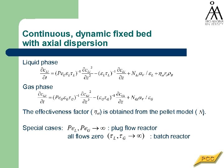 Continuous, dynamic fixed bed with axial dispersion Liquid phase Gas phase The effectiveness factor