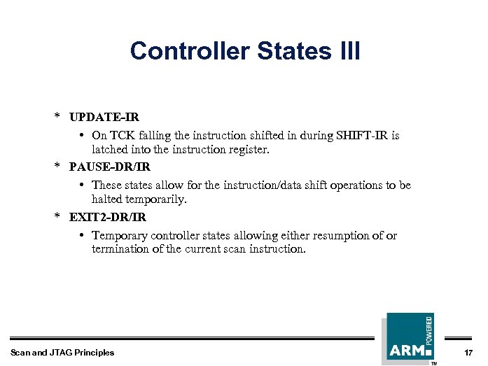 Controller States III * UPDATE-IR • On TCK falling the instruction shifted in during