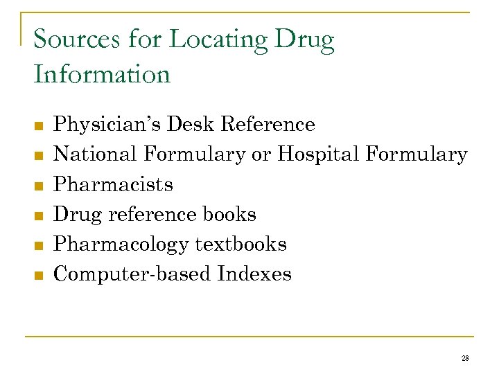 Sources for Locating Drug Information n n n Physician’s Desk Reference National Formulary or