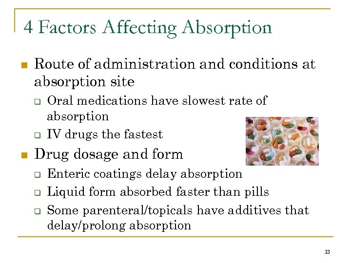 4 Factors Affecting Absorption n Route of administration and conditions at absorption site q