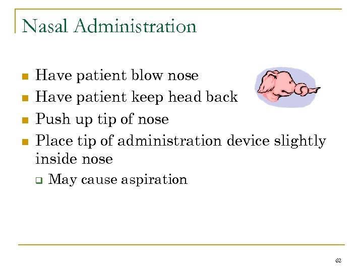 Nasal Administration n n Have patient blow nose Have patient keep head back Push