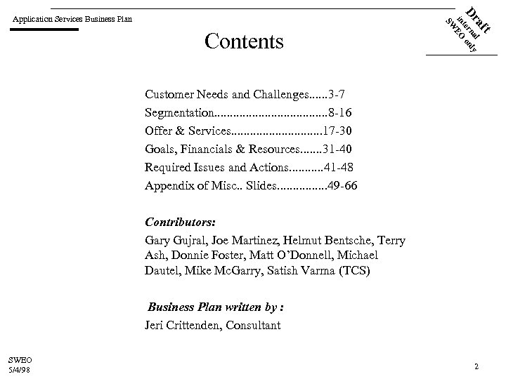 ft Contents a l Dr terna only in EO SW Application Services Business Plan