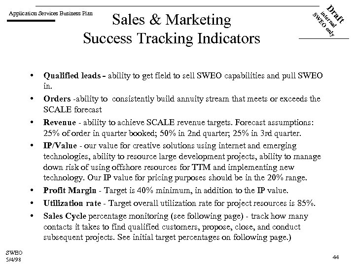  • • SWEO 5/4/98 ft Sales & Marketing Success Tracking Indicators a l