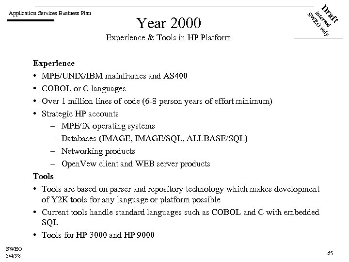 Experience & Tools in HP Platform ft Year 2000 a l Dr terna only