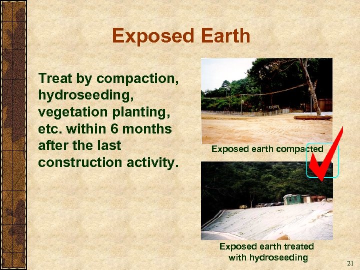 Exposed Earth Treat by compaction, hydroseeding, vegetation planting, etc. within 6 months after the