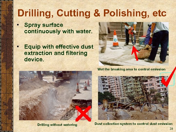 Drilling, Cutting & Polishing, etc • Spray surface continuously with water. • Equip with