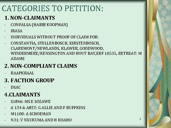 CATEGORIES TO PETITION: 1. NON-CLAIMANTS - CONFALSA (HABIB KOOPMAN) IRASA INDIVIDUALS WITHOUT PROOF OF