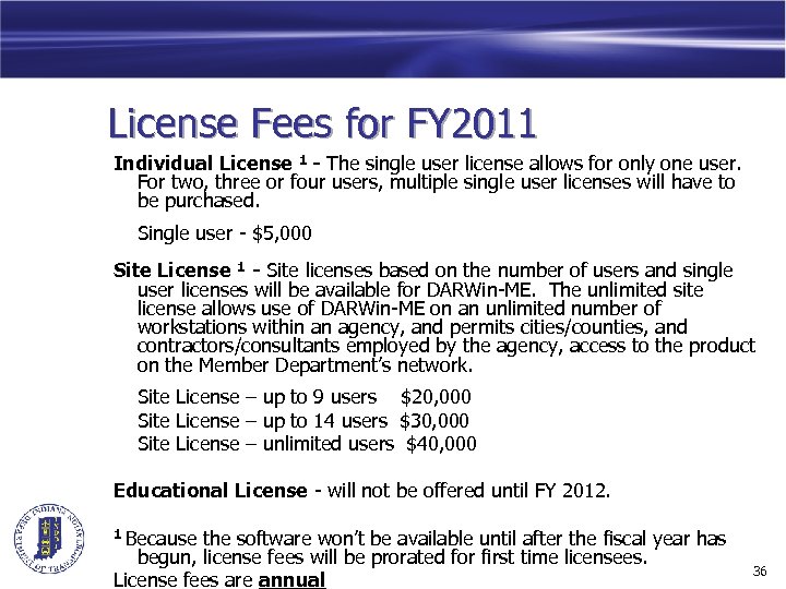 License Fees for FY 2011 Individual License 1 - The single user license allows