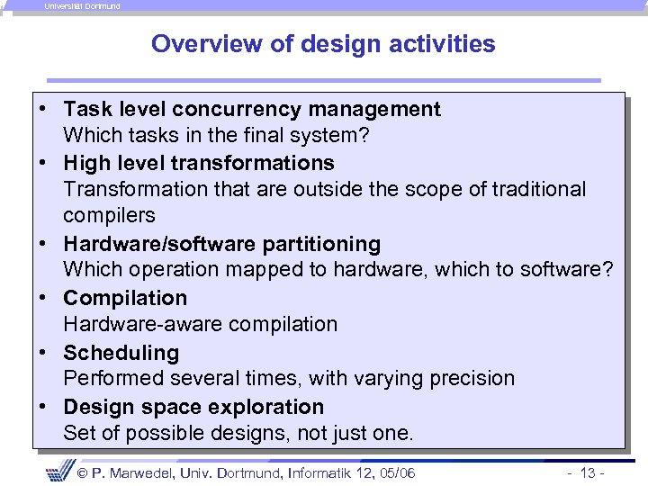 Universität Dortmund Overview of design activities • Task level concurrency management Which tasks in