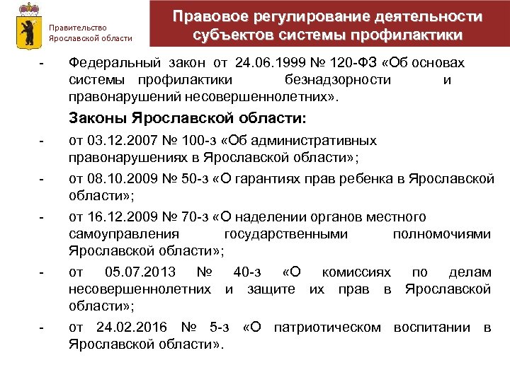 Правительство Ярославской области - Правовое регулирование деятельности субъектов системы профилактики Федеральный закон от 24.