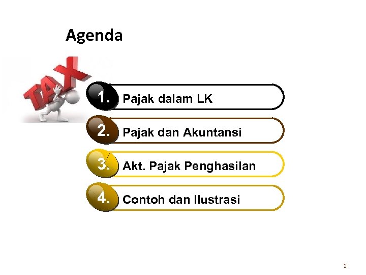 Agenda 1. Pajak dalam LK 2. Pajak dan Akuntansi 3. Akt. Pajak Penghasilan 4.