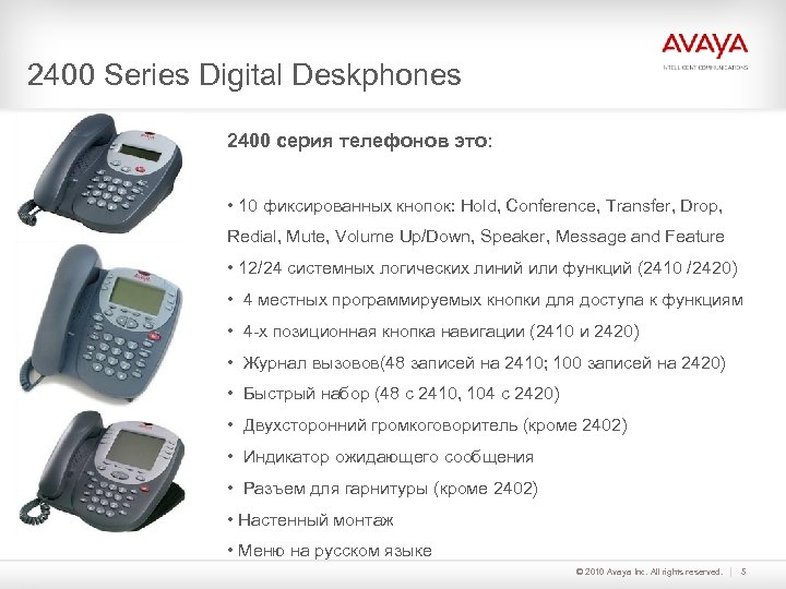 2400 Series Digital Deskphones 2400 серия телефонов это: • 10 фиксированных кнопок: Hold, Conference,
