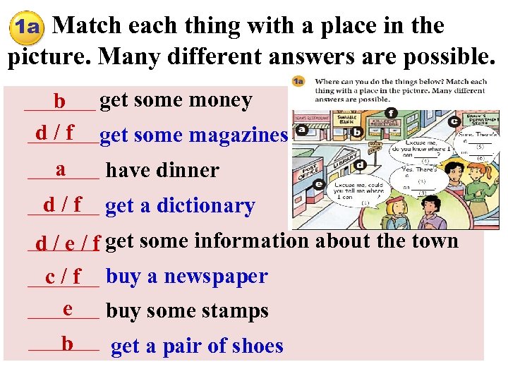 Match each thing with a place in the picture. Many different answers are possible.