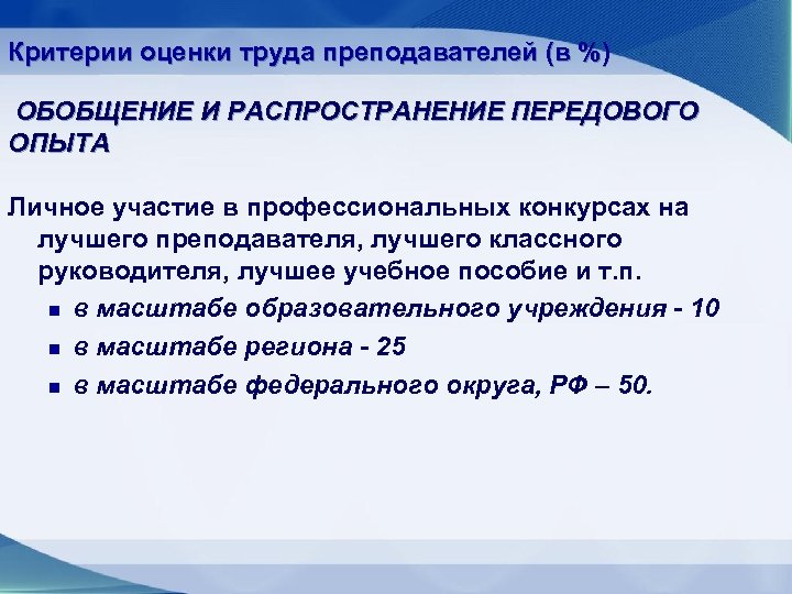 Критерии оценки труда преподавателей (в %) ОБОБЩЕНИЕ И РАСПРОСТРАНЕНИЕ ПЕРЕДОВОГО ОПЫТА Личное участие в