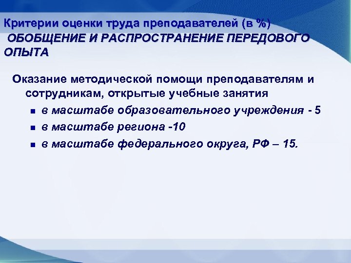 Критерии оценки труда преподавателей (в %) ОБОБЩЕНИЕ И РАСПРОСТРАНЕНИЕ ПЕРЕДОВОГО ОПЫТА Оказание методической помощи