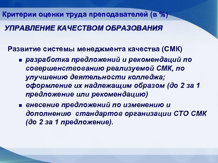 Критерии оценки труда преподавателей (в %) УПРАВЛЕНИЕ КАЧЕСТВОМ ОБРАЗОВАНИЯ Развитие системы менеджмента качества (СМК)