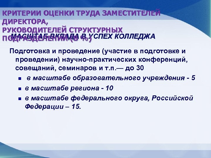 КРИТЕРИИ ОЦЕНКИ ТРУДА ЗАМЕСТИТЕЛЕЙ ДИРЕКТОРА, РУКОВОДИТЕЛЕЙ СТРУКТУРНЫХ МАСШТАБ ВКЛАДА В УСПЕХ КОЛЛЕДЖА ПОДРАЗДЕЛЕНИЙ (В