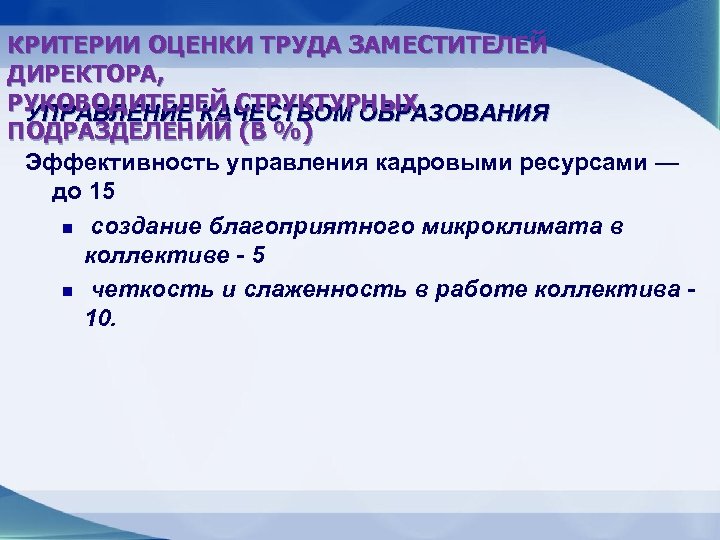 КРИТЕРИИ ОЦЕНКИ ТРУДА ЗАМЕСТИТЕЛЕЙ ДИРЕКТОРА, РУКОВОДИТЕЛЕЙ СТРУКТУРНЫХ УПРАВЛЕНИЕ КАЧЕСТВОМ ОБРАЗОВАНИЯ ПОДРАЗДЕЛЕНИЙ (В %) Эффективность