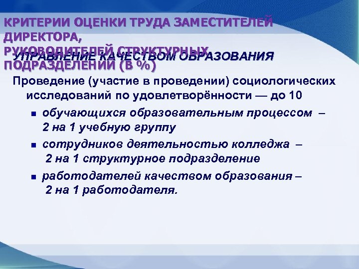 КРИТЕРИИ ОЦЕНКИ ТРУДА ЗАМЕСТИТЕЛЕЙ ДИРЕКТОРА, РУКОВОДИТЕЛЕЙ СТРУКТУРНЫХ УПРАВЛЕНИЕ КАЧЕСТВОМ ОБРАЗОВАНИЯ ПОДРАЗДЕЛЕНИЙ (В %) Проведение