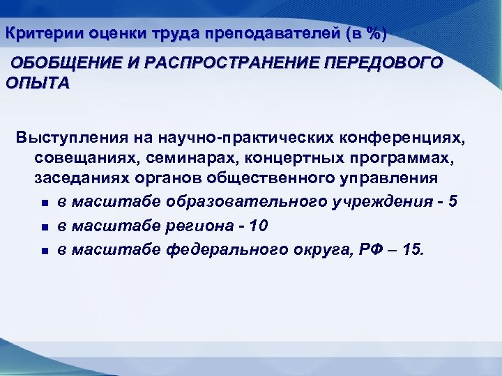Критерии оценки труда преподавателей (в %) ОБОБЩЕНИЕ И РАСПРОСТРАНЕНИЕ ПЕРЕДОВОГО ОПЫТА Выступления на научно-практических