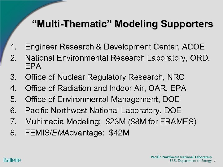 “Multi-Thematic” Modeling Supporters 1. Engineer Research & Development Center, ACOE 2. National Environmental Research