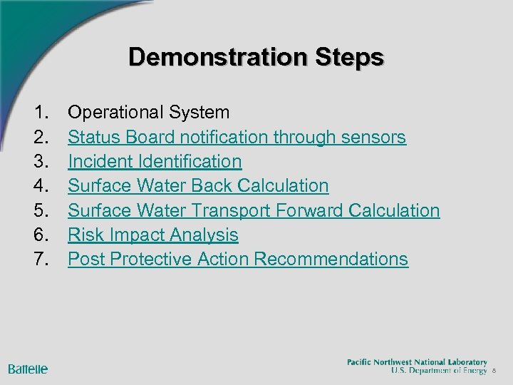 Demonstration Steps 1. 2. 3. 4. 5. 6. 7. Operational System Status Board notification