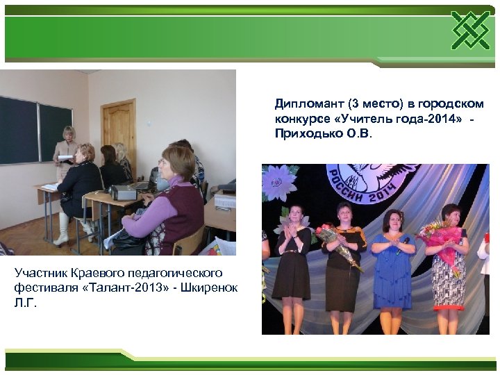 Дипломант (3 место) в городском конкурсе «Учитель года-2014» - Приходько О. В. Участник Краевого