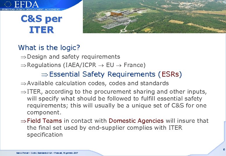 C&S per ITER What is the logic? Þ Design and safety requirements Þ Regulations