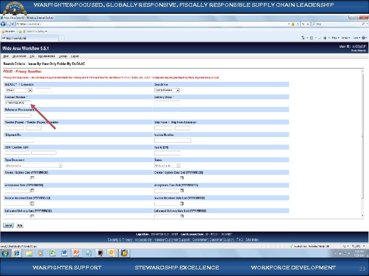 WARFIGHTER-FOCUSED, GLOBALLY RESPONSIVE, FISCALLY RESPONSIBLE SUPPLY CHAIN LEADERSHIP WARFIGHTER SUPPORT STEWARDSHIP EXCELLENCE WORKFORCE DEVELOPMENT