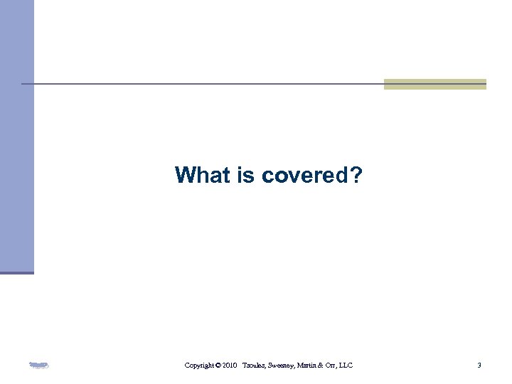 What is covered? Copyright © 2010 Tsoules, Sweeney, Martin & Orr, LLC 3 