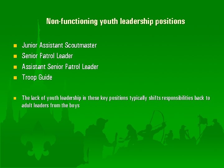 Non-functioning youth leadership positions n n n Junior Assistant Scoutmaster Senior Patrol Leader Assistant