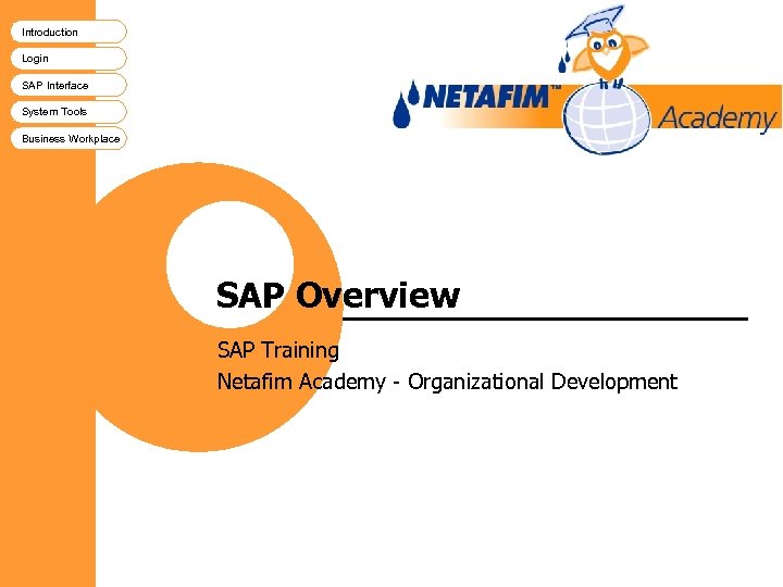 Introduction Login SAP Interface System Tools Business Workplace SAP Overview SAP Training Netafim Academy