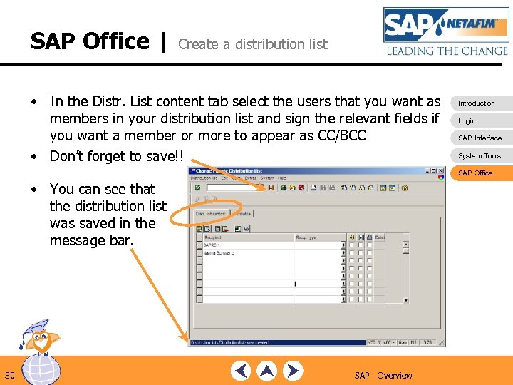 SAP Office | Create a distribution list • In the Distr. List content tab