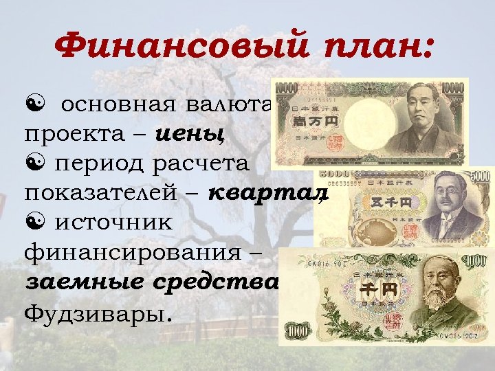 Финансовый план: основная валюта проекта – иена; основная валюта период расчета показателей – проекта