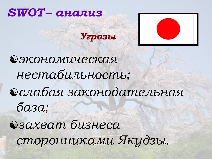 SWOT – анализ Угрозы : экономическая нестабильность; слабая законодательная база; захват бизнеса сторонниками Якудзы.