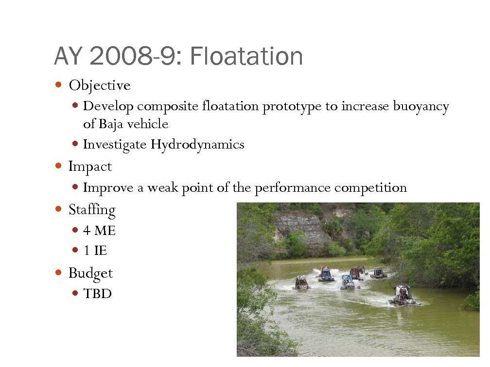 AY 2008 -9: Floatation Objective Develop composite floatation prototype to increase buoyancy of Baja