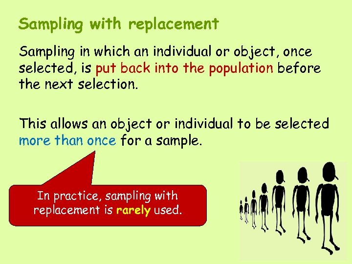 Sampling with replacement Sampling in which an individual or object, once selected, is put