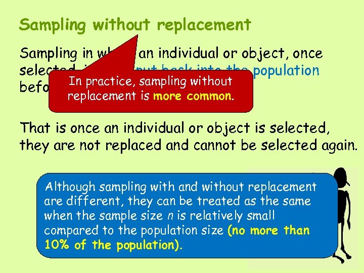 Sampling without replacement Sampling in which an individual or object, once selected, is NOT
