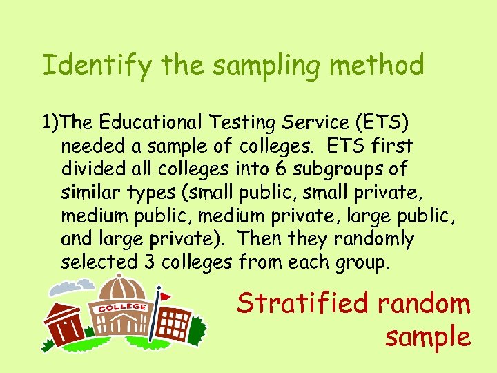 Identify the sampling method 1)The Educational Testing Service (ETS) needed a sample of colleges.