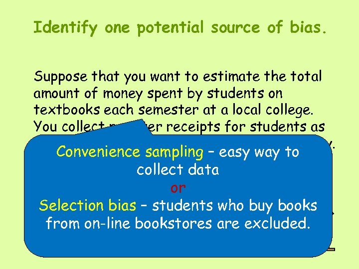 Identify one potential source of bias. Suppose that you want to estimate the total