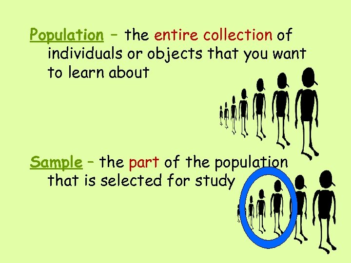 Population – the entire collection of individuals or objects that you want to learn