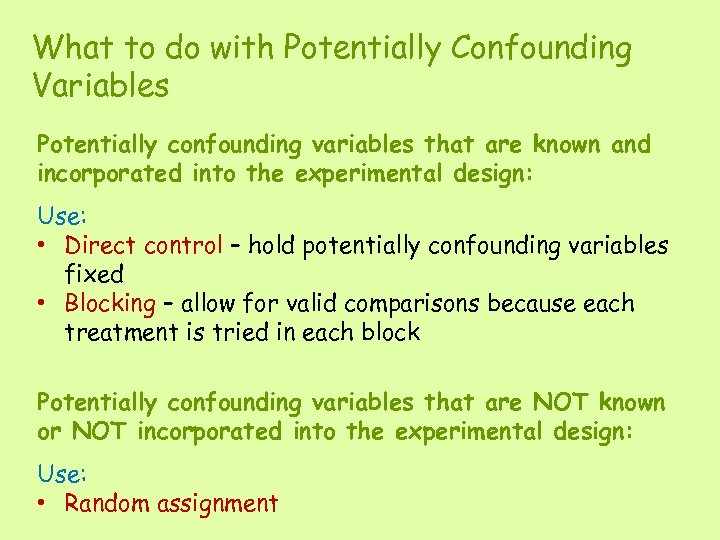 What to do with Potentially Confounding Variables Potentially confounding variables that are known and