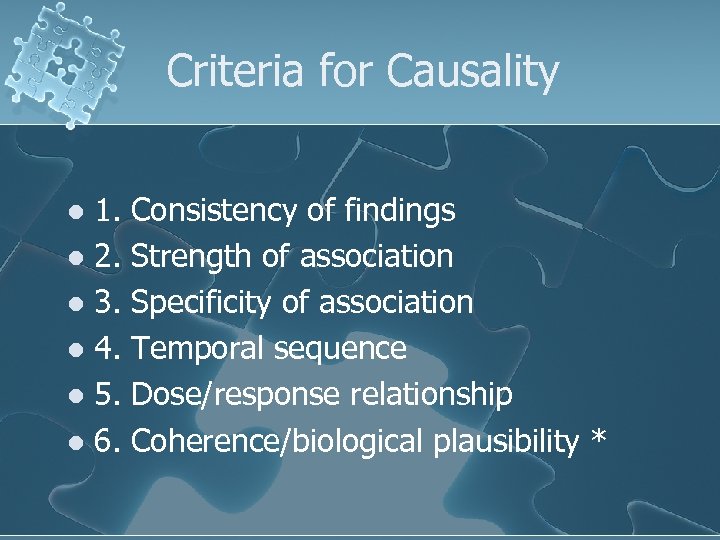 Criteria for Causality 1. Consistency of findings l 2. Strength of association l 3.