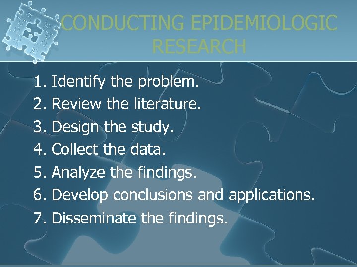CONDUCTING EPIDEMIOLOGIC RESEARCH 1. Identify the problem. 2. Review the literature. 3. Design the