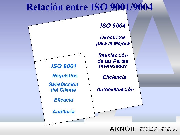 Relación entre ISO 9001/9004 ISO 9004 Directrices para la Mejora ISO 9001 Requisitos Satisfacción