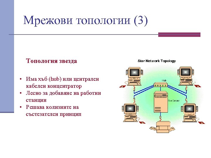 Мрежови топологии (3) Топология звезда • Има хъб (hub) или централен кабелен концентратор •